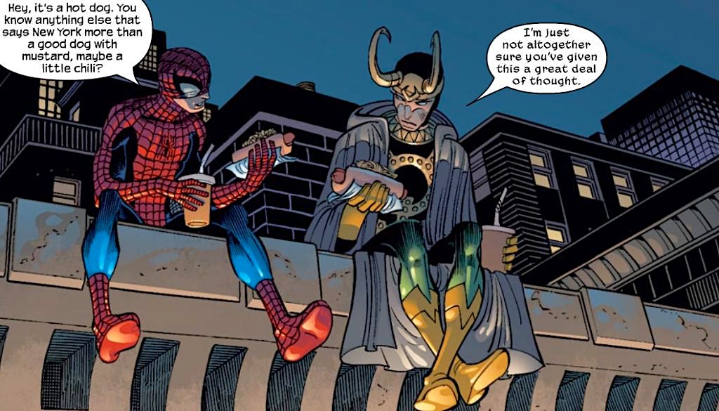 Spider-Man & Loki eating hotdogs on a rooftop