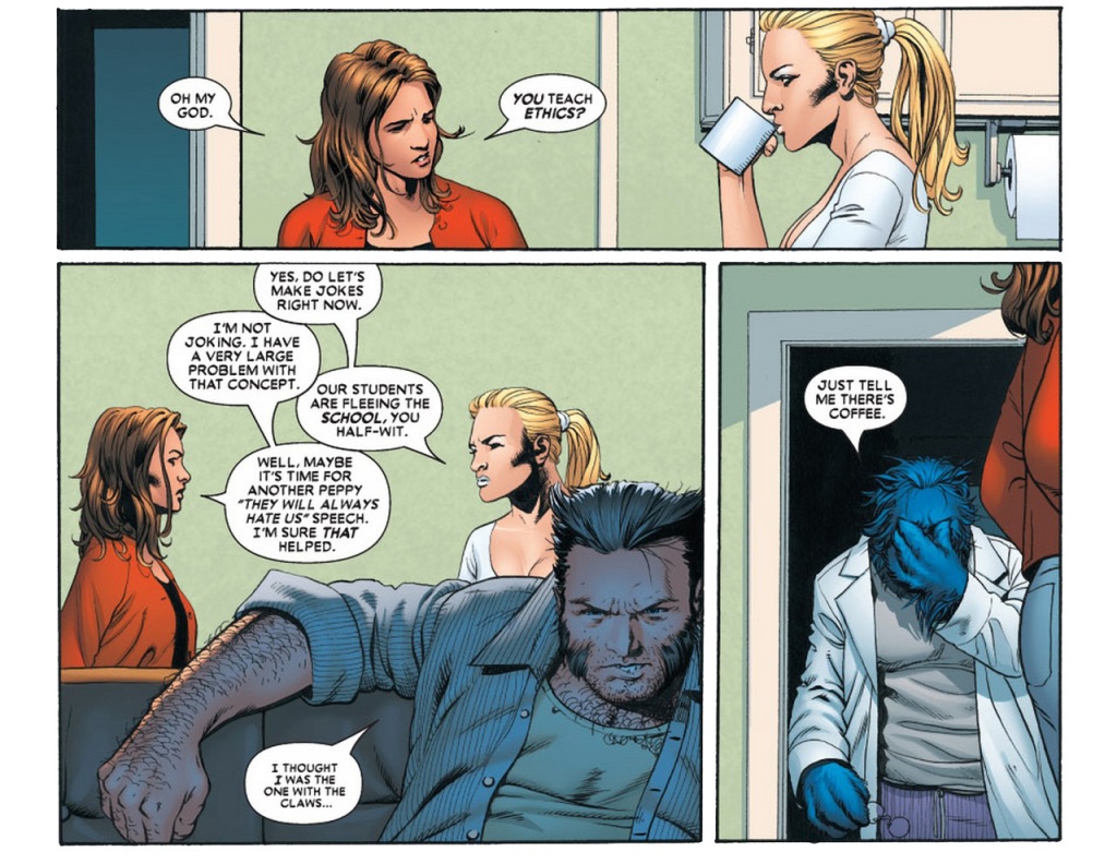 Beast compliments Emma Frost on her choice of coffee.