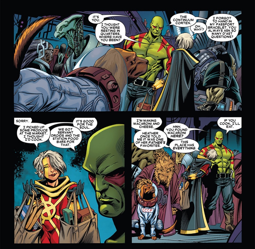 Phylla Vell (Quasar) offers to make Drax the Destroyer some macaroni & cheese