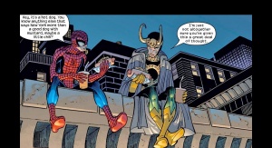 Spider-Man & Loki eating hotdogs on a rooftop