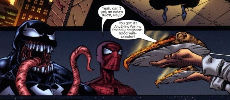 Spider-Man and Venom are offered free slices of pizza.